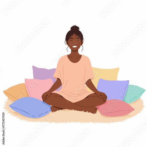 Flat Style Full Body Smiling Woman Meditating Among Colorful Pillows Illustration