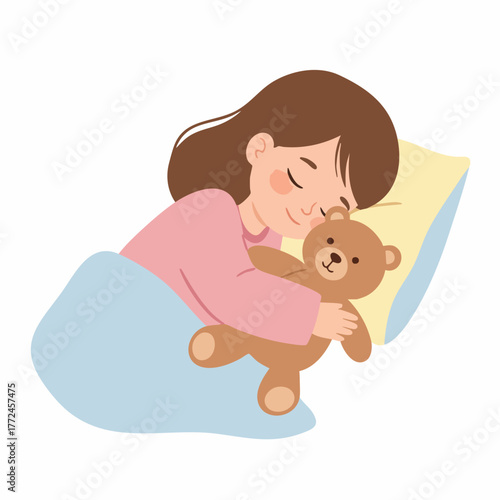 Flat Cartoon Sleeping Girl Hugging Teddy Bear Character Illustration