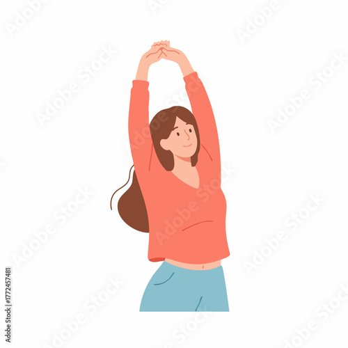 Flat Illustration of Smiling Young Woman Stretching Body Exercise
