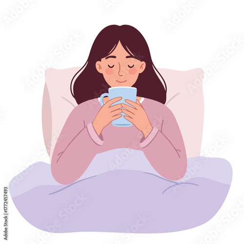 Minimalist Style Female Character in Bed Enjoying Hot Drink Illustration