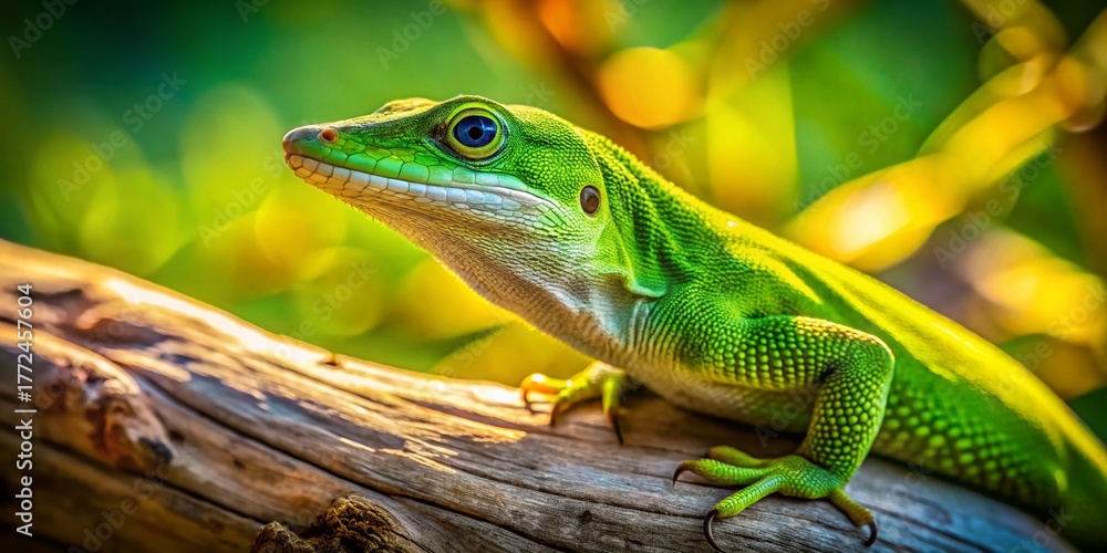 Fototapeta premium Bright Green Cuban Anole Lizard on Tropical Tree Branch - Stock Photo