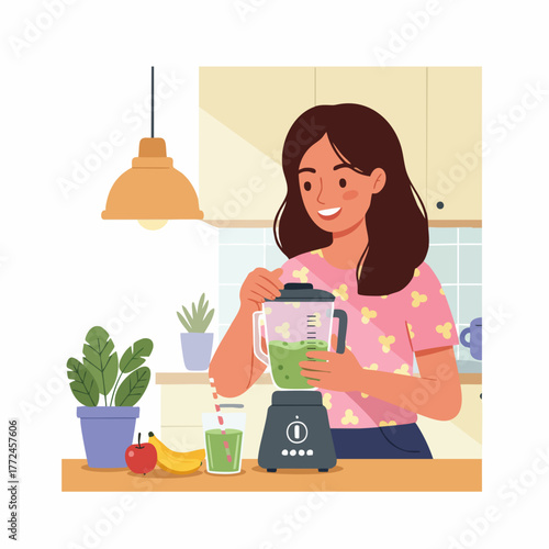 Flat Illustration Woman Making Healthy Green Smoothie in Blender