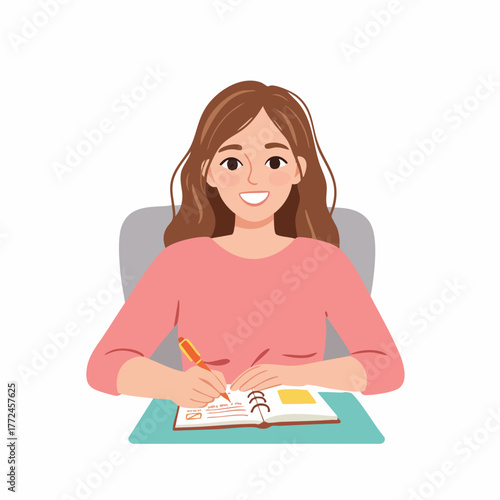Cute Flat Illustration Woman Writing Journal on Desk Study Learning
