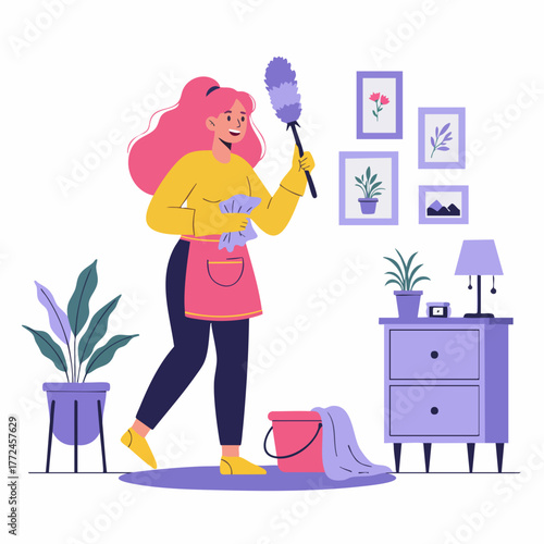Flat Illustration of Young Woman Cleaning Dust Inside A Living Room
