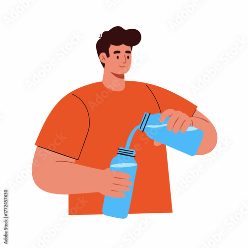 Flat Design Man Pouring Water from Bottle into Reusable Container Illustration