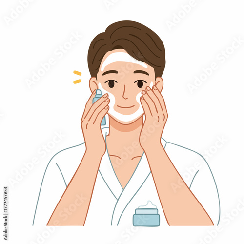 Flat Style Young Man Facial Cleansing with Foam Beauty Illustration