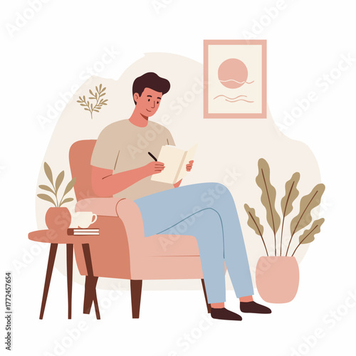 Flat Illustration Man Sitting in Armchair Writing in Notebook at Home