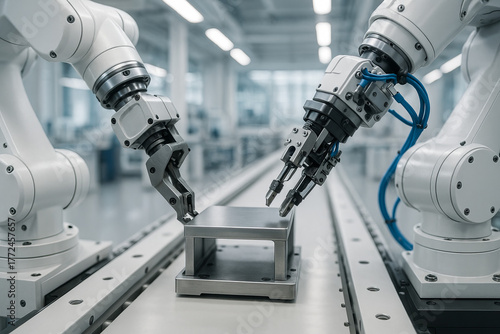 Automated precision manufacturing with two robotic arms collaborating on a smart factory assembly line for industrial production