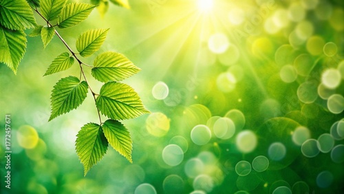 Bright Green Summer Spring Background with Bokeh, Floral Leaves Shadows, Copy Space, Aesthetic Sunlight