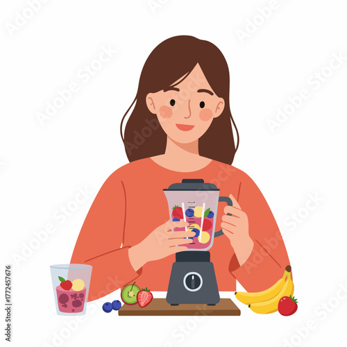 Flat Style Pretty Woman Making Fruit Smoothie in Kitchen Appliance Illustration