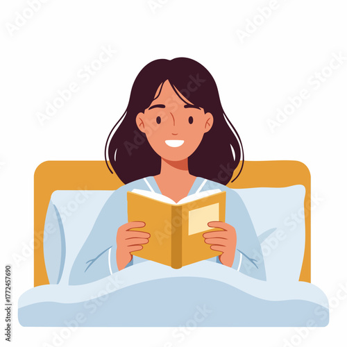 Flat Illustration of Young Woman Reading Book in Bed Room