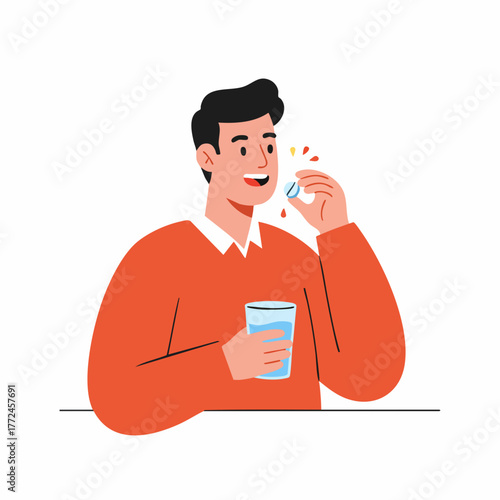 Flat Illustration Smiling Man Taking Pill with Glass of Water