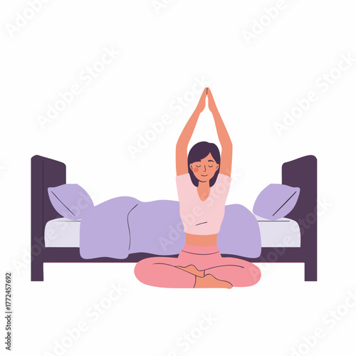 Flat Illustration of Woman Practicing Yoga Meditation near Bed at Home