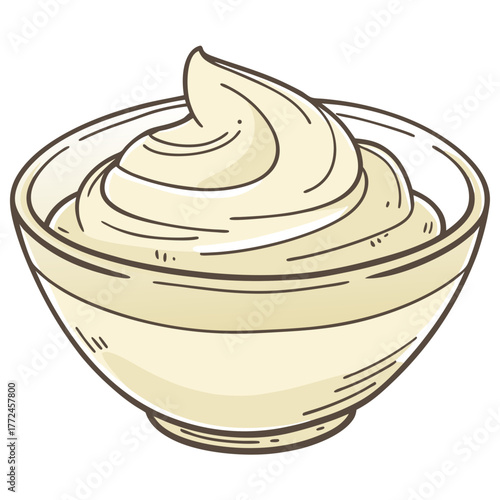 Cartoon illustration of a glass bowl filled with creamy white frosting or whipped cream Keywords: frosting, cream, whipped cream, icing, dessert, sweet, topping, baking, pastry, confection, creamy