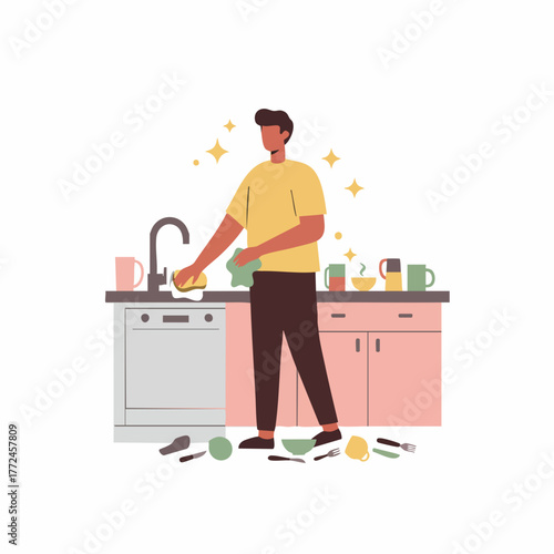 Flat Illustration Man Washing Dish in Sink with Dishwasher Appliance