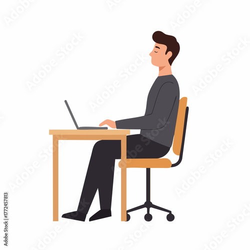 Flat Illustration Man Sitting at Desk Using Laptop Computer Character