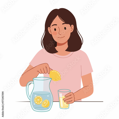 Flat Illustration Girl Making Lemonade Juice Drink Refreshment Illustration