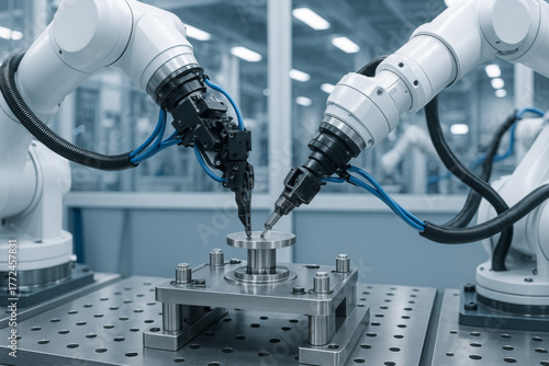 Futuristic robotic assembly line with industrial arms collaborating on a metal component in a high-tech smart factory