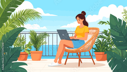 A cheerful woman embraces work from anywhere and remote work on a tranquil balcony, surrounded by lush plants, with a scenic ocean view, embodying modern flexible employment