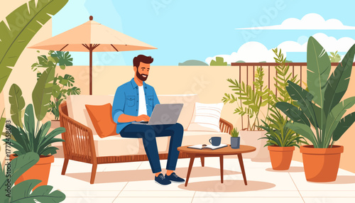 Work from anywhere with remote work A man working on a patio with tropical plants