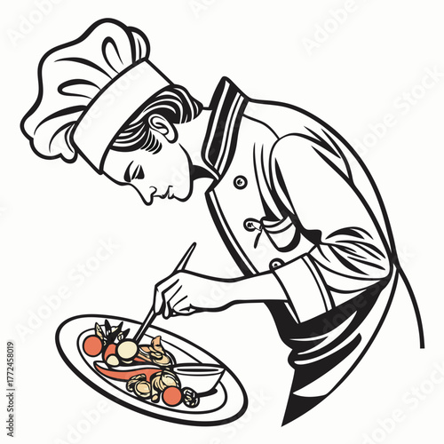 Chef in uniform carefully arranging food on a plate with chopsticks on a white background cook male