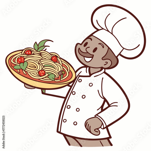 Chef holding plate of spaghetti with tomatoes and basil Keywords: chef, cooking, spaghetti, pasta, italian food, tomatoes, basil, herbs, meal, dish, serving, plate, food, culinary, kitchen, happy