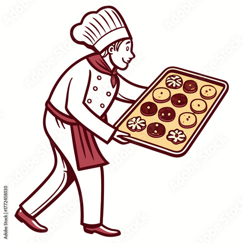 Chef in uniform carrying a baking tray filled with assorted cookies on a white background male