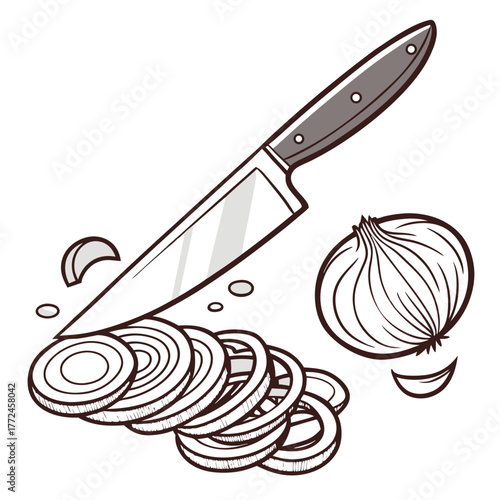 Chef Knife Slicing Onion with Slices and Pieces on White Background Keywords: knife, chef, slicing, onion, vegetable, food, cooking, preparation, kitchen, utensil, sharp, blade, cutting, slices