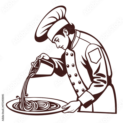 Chef plating spaghetti with sauce in a stylized line drawing on a white background Keywords: chef, cooking, food, italian food, pasta, spaghetti, plating, serving, dish, meal, cuisine, kitchen