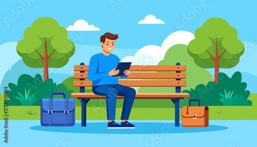 Embrace Remote Work Man Enjoying Work from Anywhere on a Park Bench with a Tablet