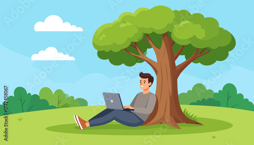 Embrace remote work and work from anywhere A focused young man works on his laptop under a shady tree in a park, symbolizing digital freedom and flexible lifestyle
