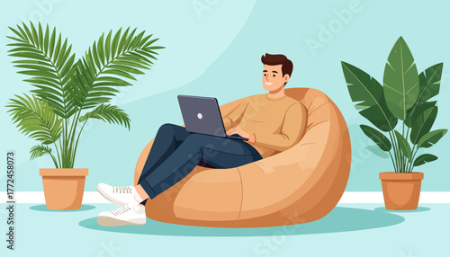 Man working on his laptop while relaxing in a beanbag chair, embodying the concept of 'Work from anywhere' and 'remote work' in a comfortable home office setup