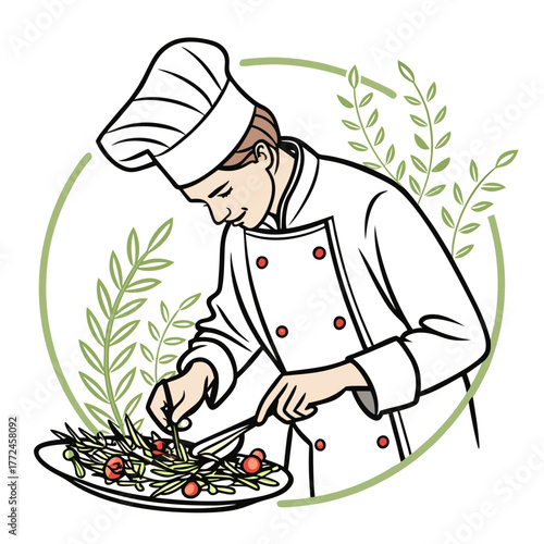 Chef preparing a fresh salad with herbs and cherry tomatoes in a circular frame cooking preparation