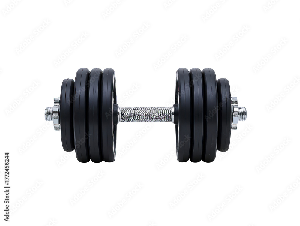 Fototapeta premium Black adjustable dumbbell metal handle fitness equipment isolated on transparency background strength training home gym modern design healthy lifestyle motivation exercise