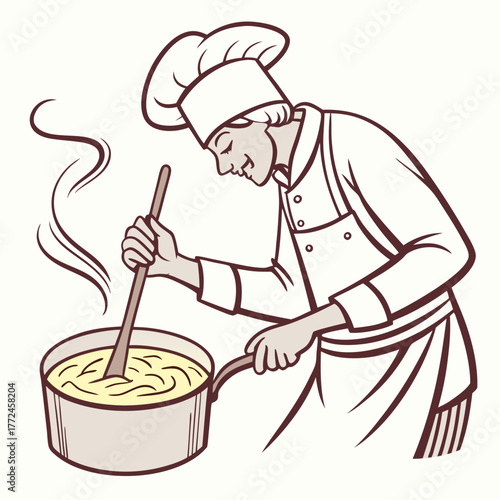 Chef stirring food in pot with wooden spoon steam rising Keywords: chef, cooking, stirring, pot, food, meal, preparation, kitchen, culinary, steam, heat, liquid, sauce, soup, stew, wooden spoon