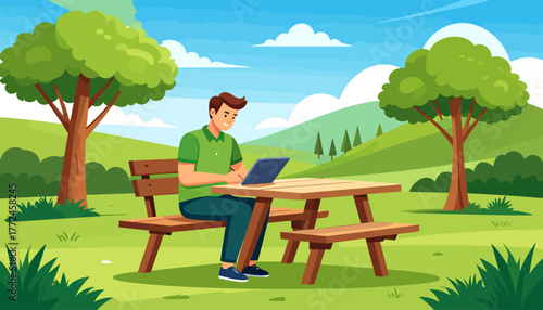 Embrace the modern lifestyle with remote work, allowing you to effectively work from anywhere; a man enjoys productivity outdoors in a peaceful park setting