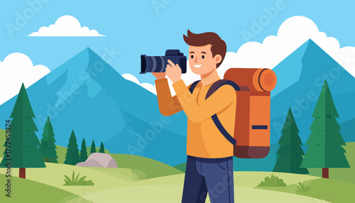 Travel photographer capturing breathtaking mountain scenery, embracing the freedom of work from anywhere and remote work lifestyle