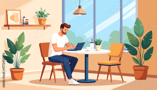 A focused man working on his laptop in a bright, plant-filled space, illustrating the modern concept of work from anywhere and remote work