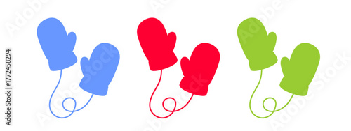 Winter Mittens Silhouette Vector Set, Red Green Blue Gloves, Christmas Flat Design