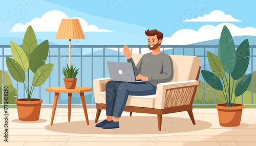 A smiling man sits on a comfortable terrace chair with a laptop, embodying the modern concept of remote work and the freedom to work from anywhere
