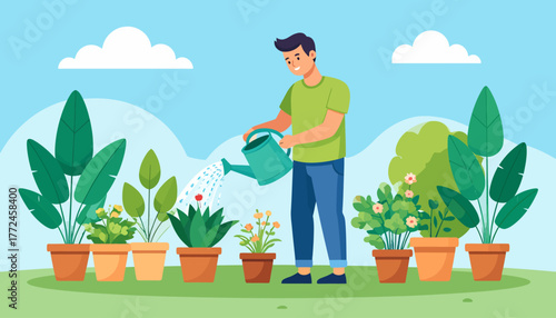 A young man enjoys his gardening hobby, watering plants outdoors, a perfect break embodying the work from anywhere, remote work lifestyle