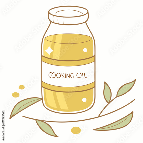 Cooking Oil Bottle with Leaves and Drops Illustration liquid