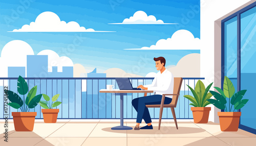 Work from anywhere a man enjoys remote work and a beautiful view from his balcony, embracing the freedom of the modern workplace