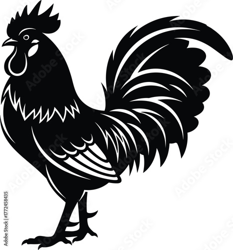 Rooster silhouette vector, black and white farm animal, stylized poultry artwork, bold feather detail, vintage barnyard bird, graphic illustration