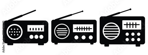 radio minimal flat icon set, black color and white background