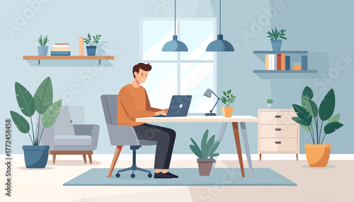 Man working on laptop at desk in modern home office, embracing remote work and work from anywhere lifestyle