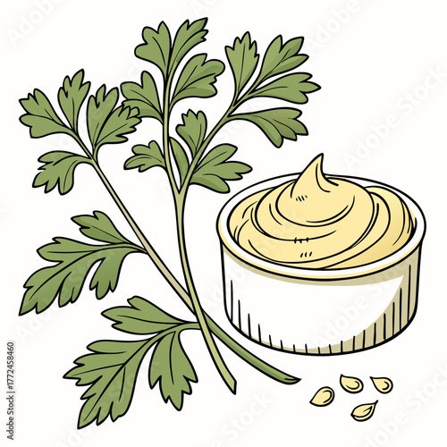 Fresh Parsley Sprigs and a Bowl of Mayonnaise with Seeds Keywords: parsley, herb, green, leaves, sprigs, bunch, mayonnaise, sauce, dip, condiment, creamy, white bowl, seeds, cooking, ingredients