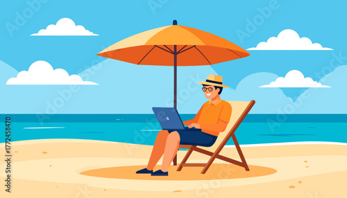 Work from anywhere Relaxing remote work on the beach with a laptop