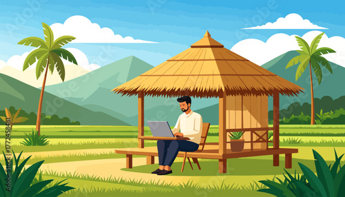 Work from anywhere, remote work in a Hut with a laptop, coconut trees and beautiful nature
