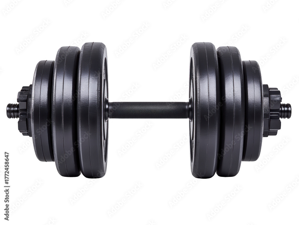 Fototapeta premium Black adjustable dumbbell with multiple weight plates and textured handle, isolated transparency background, used for strength training, fitness, and home gym workouts, promoting motivation